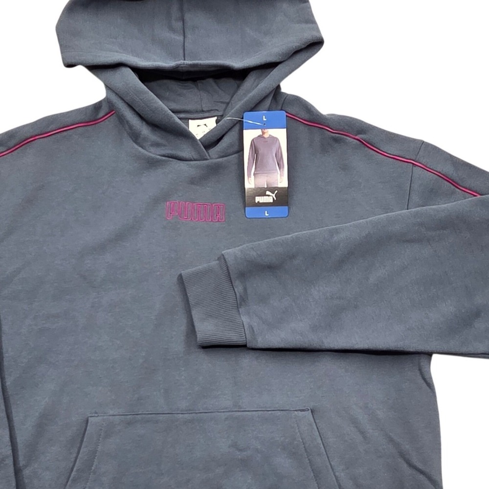 NWT Puma Womens Large Fleece Hoodie Blue Pink Embroidered‎ Logo Pullover *READ